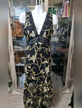 Just Me Black and Gold Floral V-Neck Maxi Dress